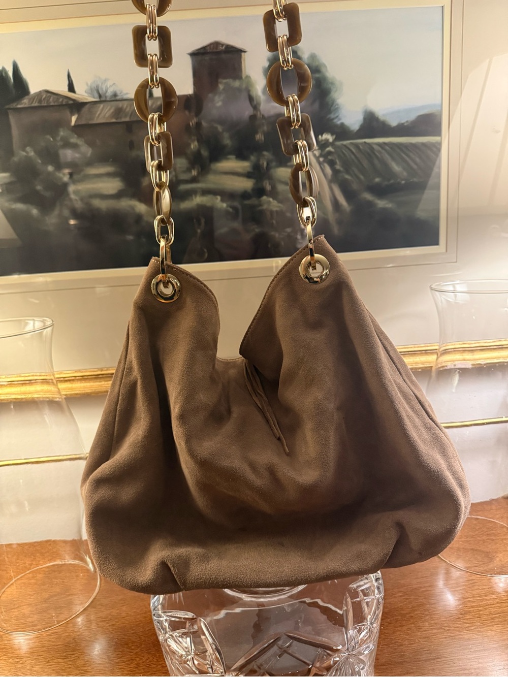 Brown Suede Shoulder Bag with Tortoiseshell Chain Strap